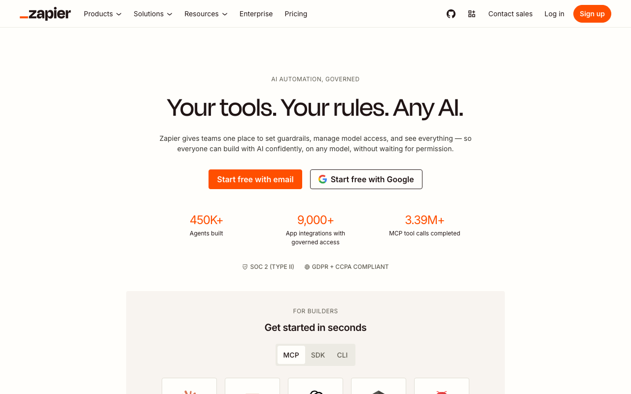 Zapier homepage showing 9,000+ app integrations for no-code automation