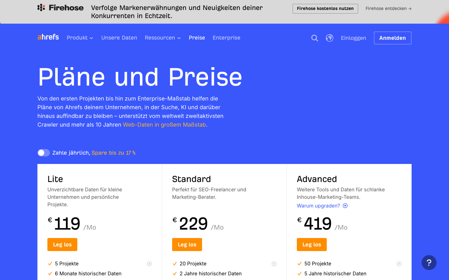 Screenshot der offiziellen Ahrefs Preisseite auf Deutsch mit den Tarifen Lite, Standard und Advanced