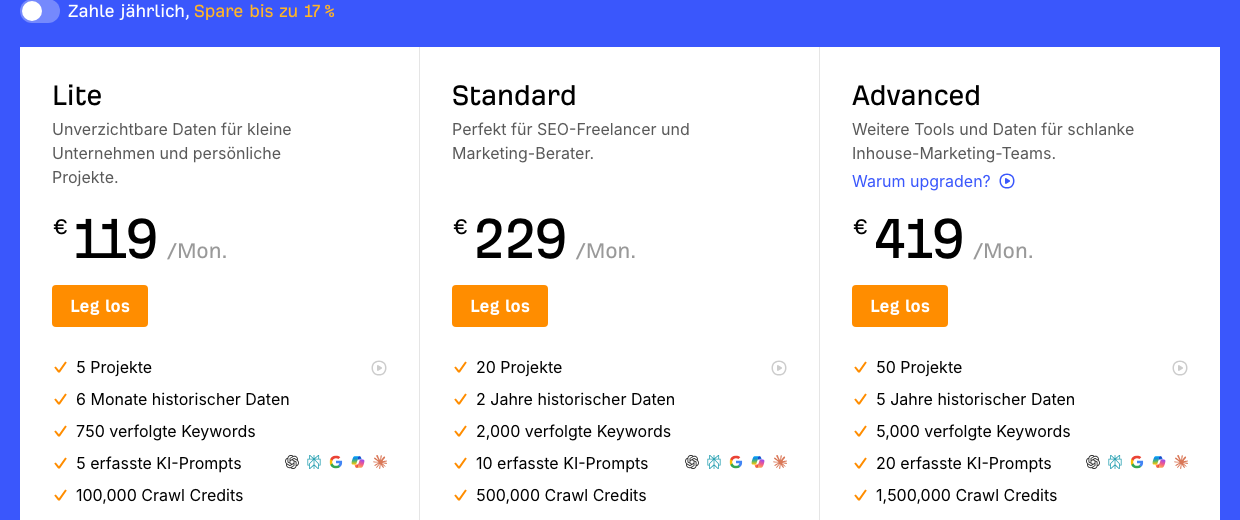 Deutsche Ahrefs Preisseite mit den Monatspreisen 119, 229 und 419 Euro für Lite, Standard und Advanced