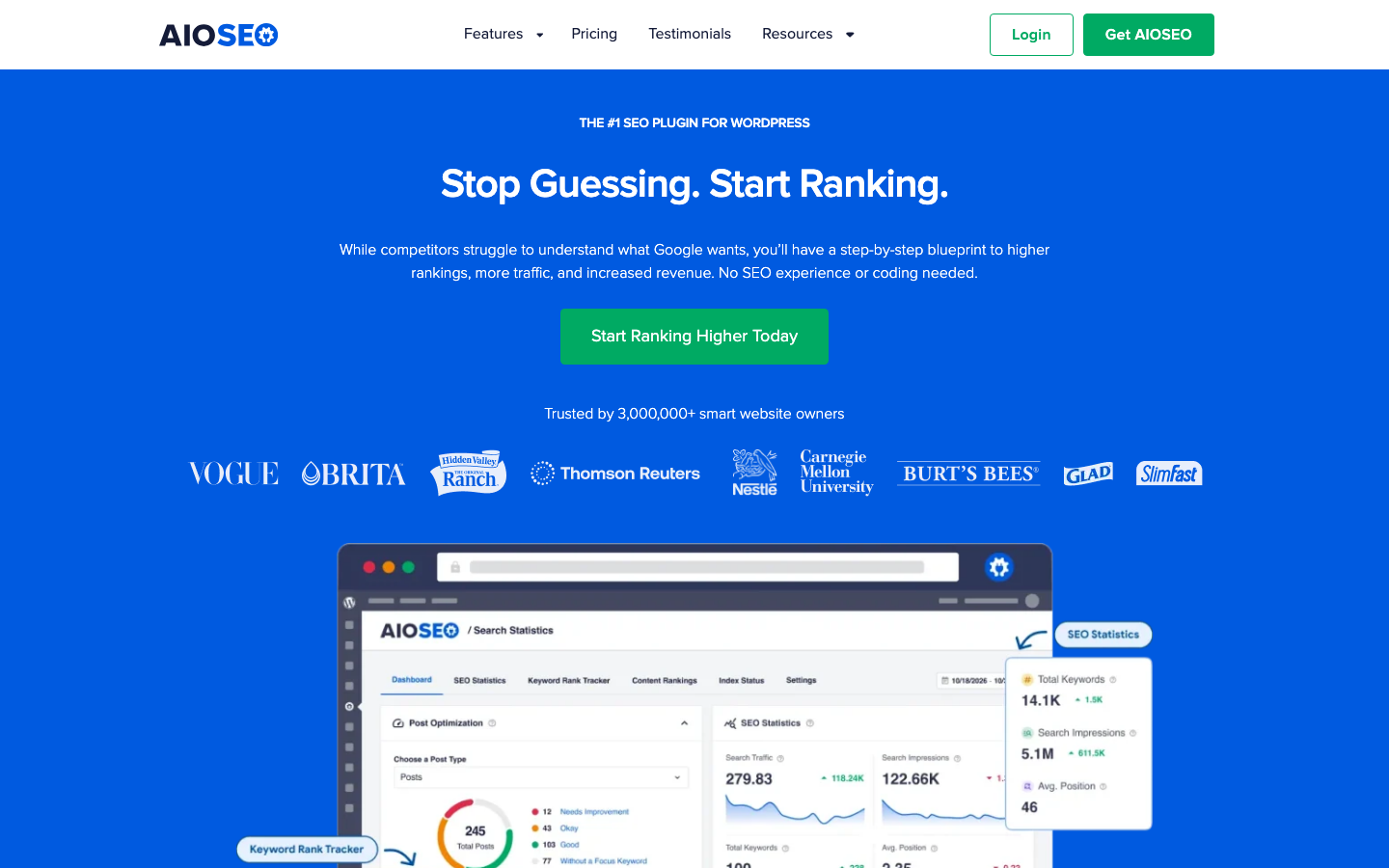 AIOSEO homepage showing its all-in-one WordPress SEO plugin dashboard