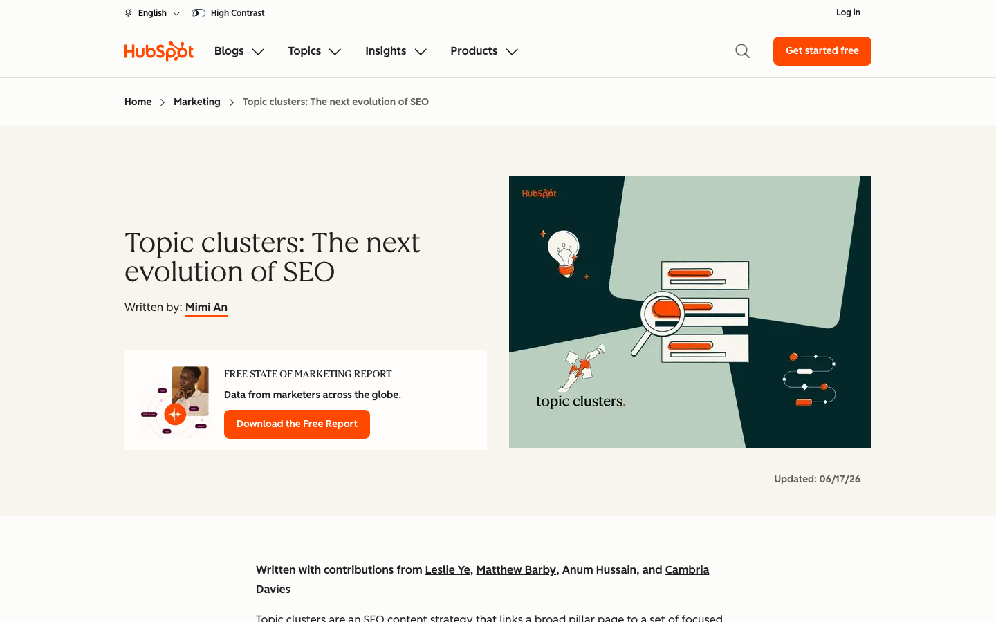 Screenshot des HubSpot-Artikels „Topic clusters: The next evolution of SEO“ als Praxisbeispiel