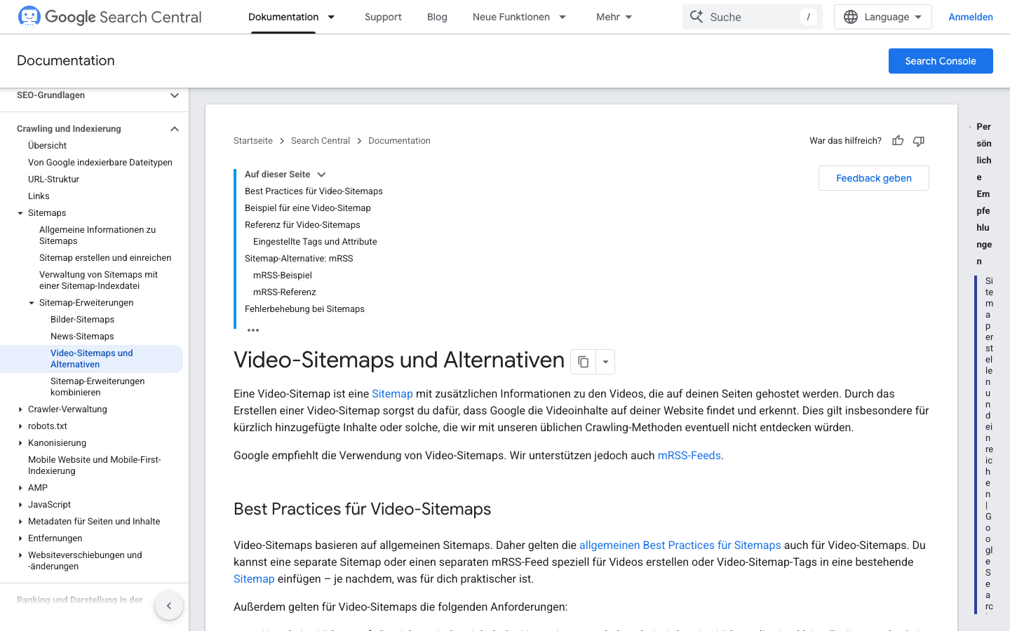Screenshot der offiziellen Google-Dokumentation zu Video-Sitemaps und Alternativen