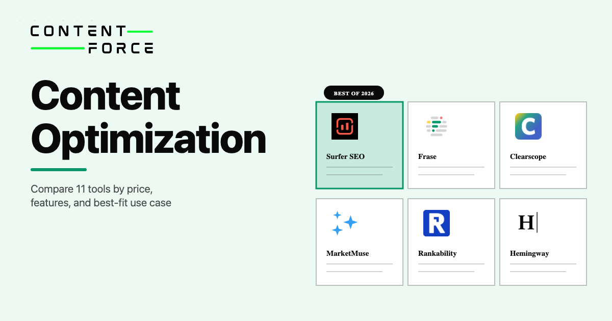 Contentforce featured image: Content Optimization Tools comparing Surfer SEO, Frase, Clearscope, MarketMuse, Rankability and Hemingway