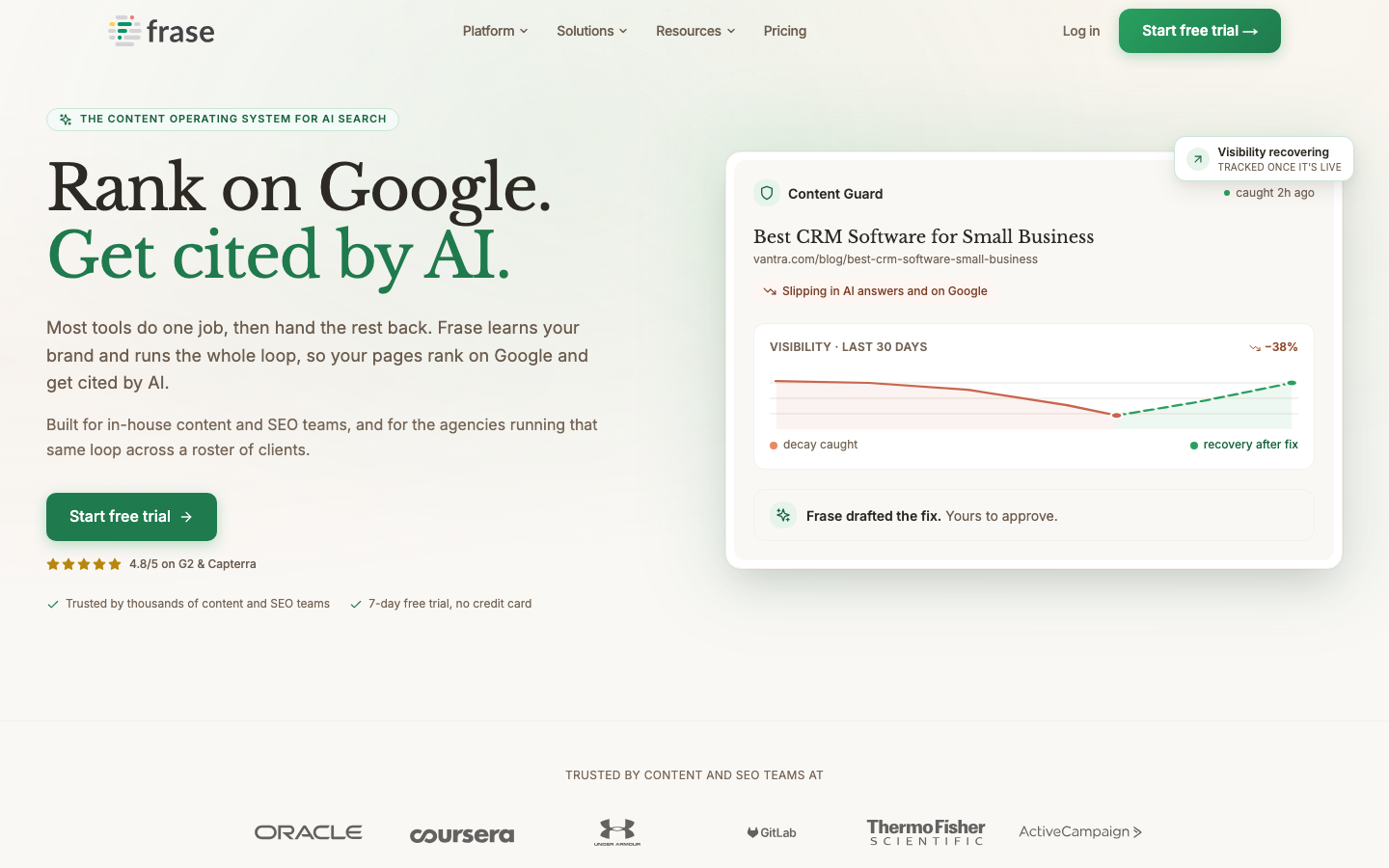 Frase homepage showing its AI content brief and SEO editor product