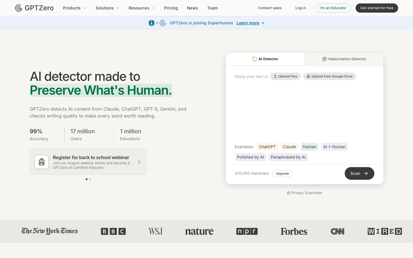 Screenshot der GPTZero KI-Detektor Startseite mit Texteingabefeld