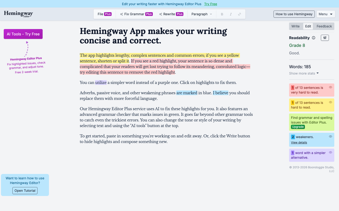 Hemingway Editor interface showing color-coded readability highlights