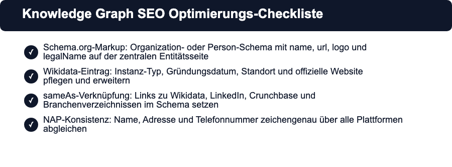 Checkliste: schema.org-Markup, Wikidata-Eintrag, sameAs-Verknüpfung und NAP-Konsistenz