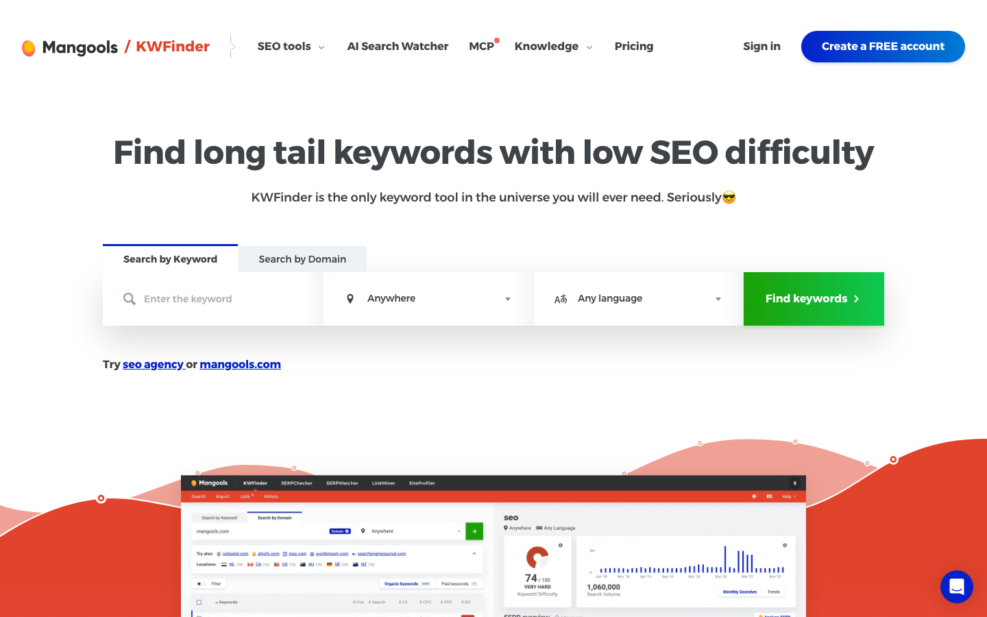 Startseite des Keyword-Tools KWFinder von Mangools mit Sucheingabe, Schwierigkeitsgrad und Suchvolumen-Diagramm.