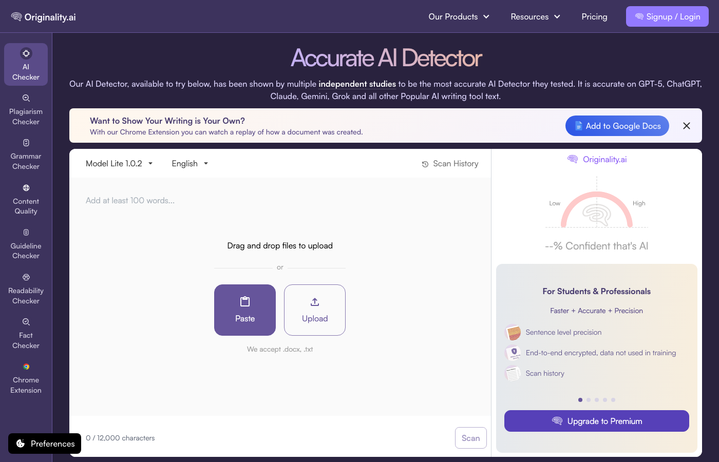 Originality.ai AI detector scan screen