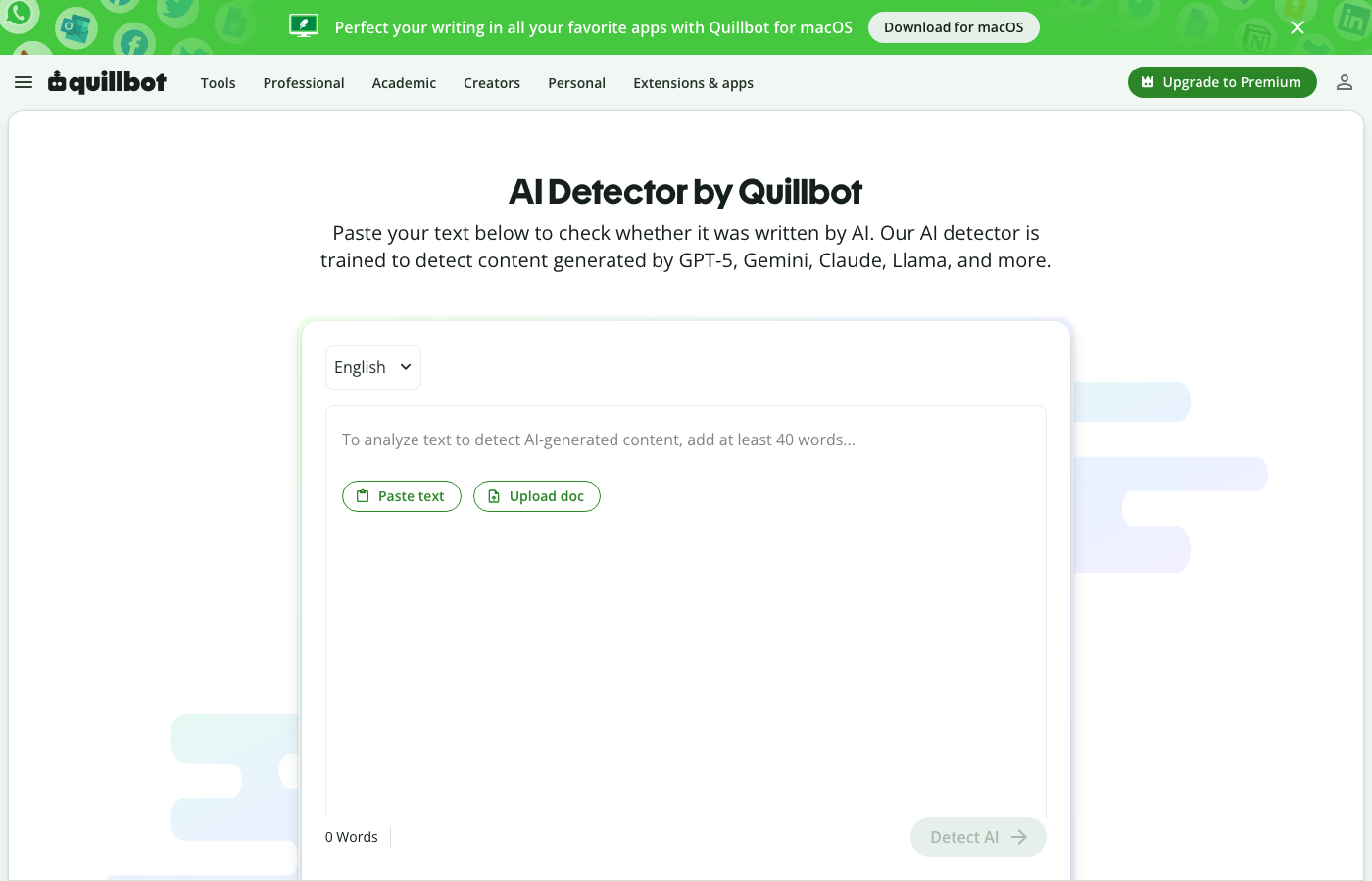 QuillBot AI Detector tool screen