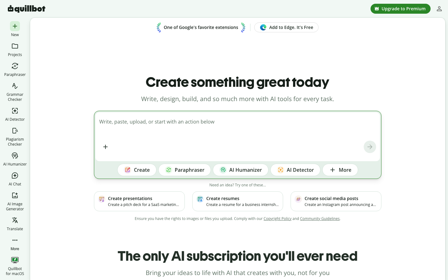 QuillBot homepage showing its AI paraphrasing and writing tools