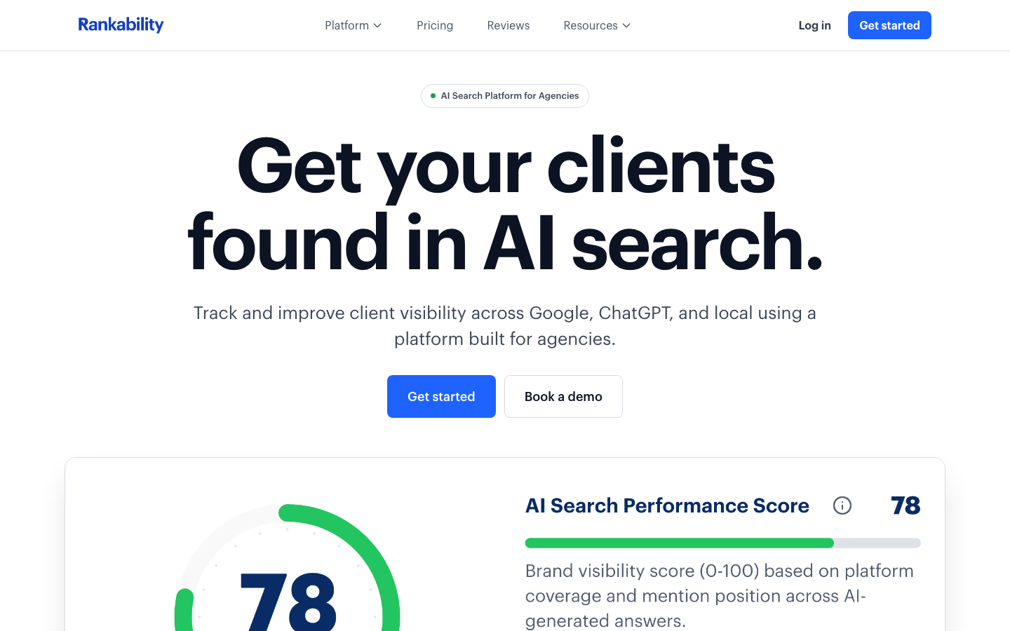 Rankability homepage showing its content optimization scoring tool