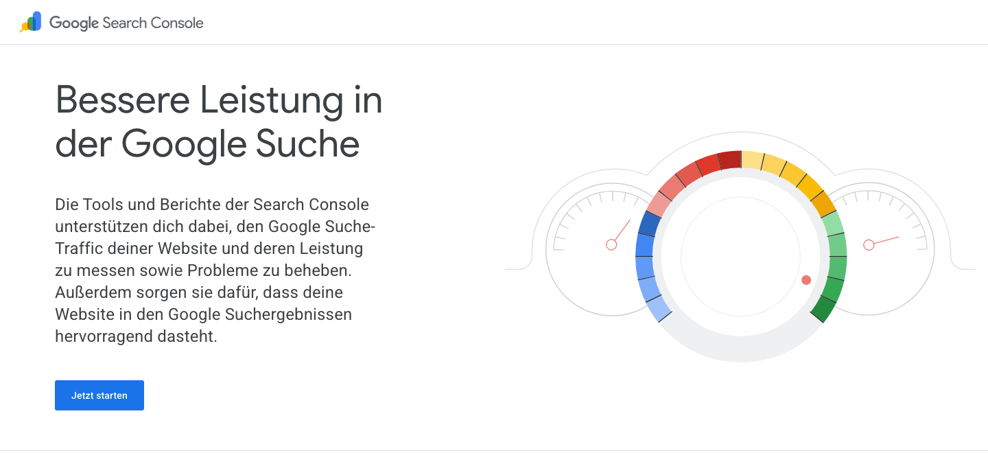 Google Search Console Startseite auf Deutsch mit Übersicht der Leistungsberichte