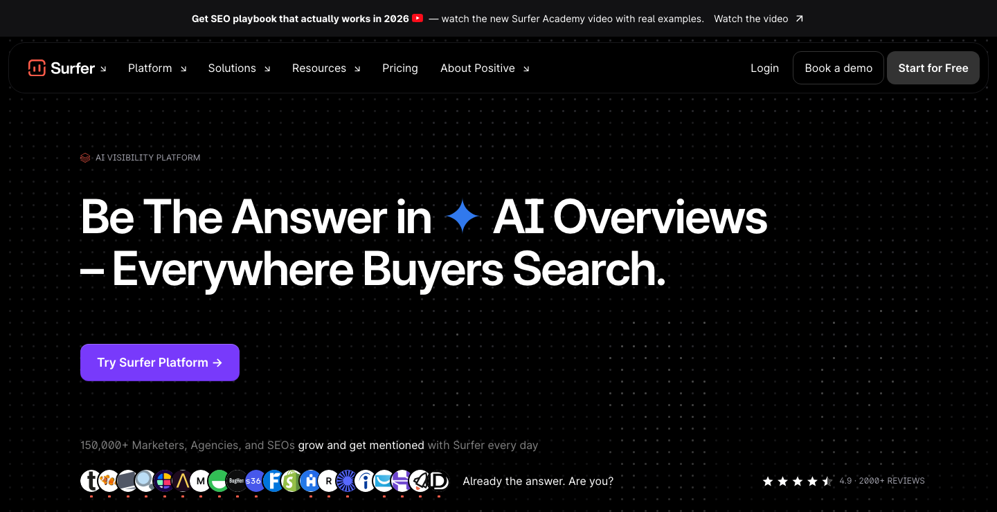 Surfer SEO homepage showing its content optimization platform positioning