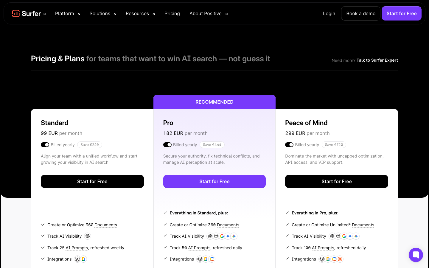Screenshot: Surfer SEO Preisseite mit den drei Tarifstufen