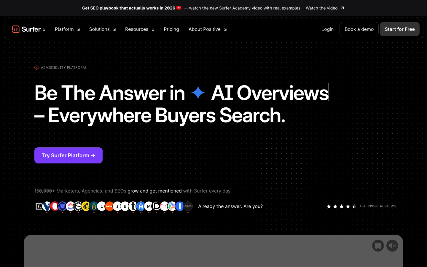 Surfer SEO homepage showing its AI visibility and content scoring platform