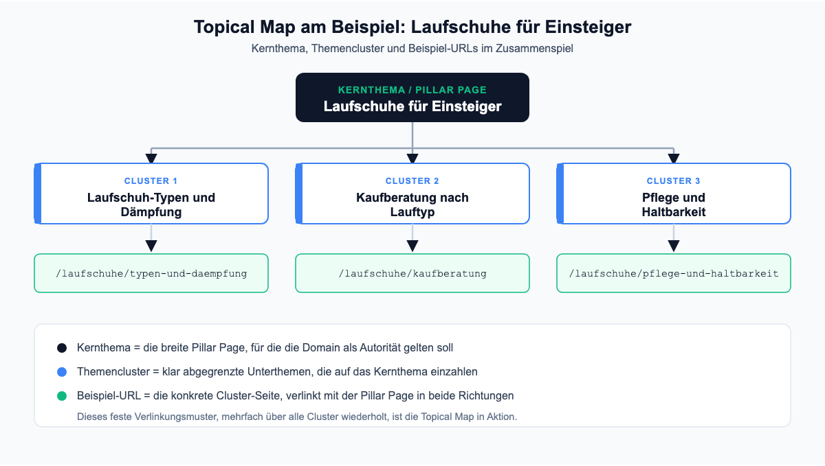 Hierarchie-Diagramm: Topical Map am Beispiel Laufschuhe für Einsteiger mit Kernthema, drei Themenclustern und Beispiel-URLs
