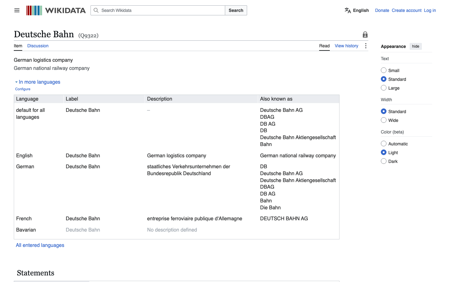 Wikidata-Eintrag der Deutsche Bahn AG mit strukturierten Attributen