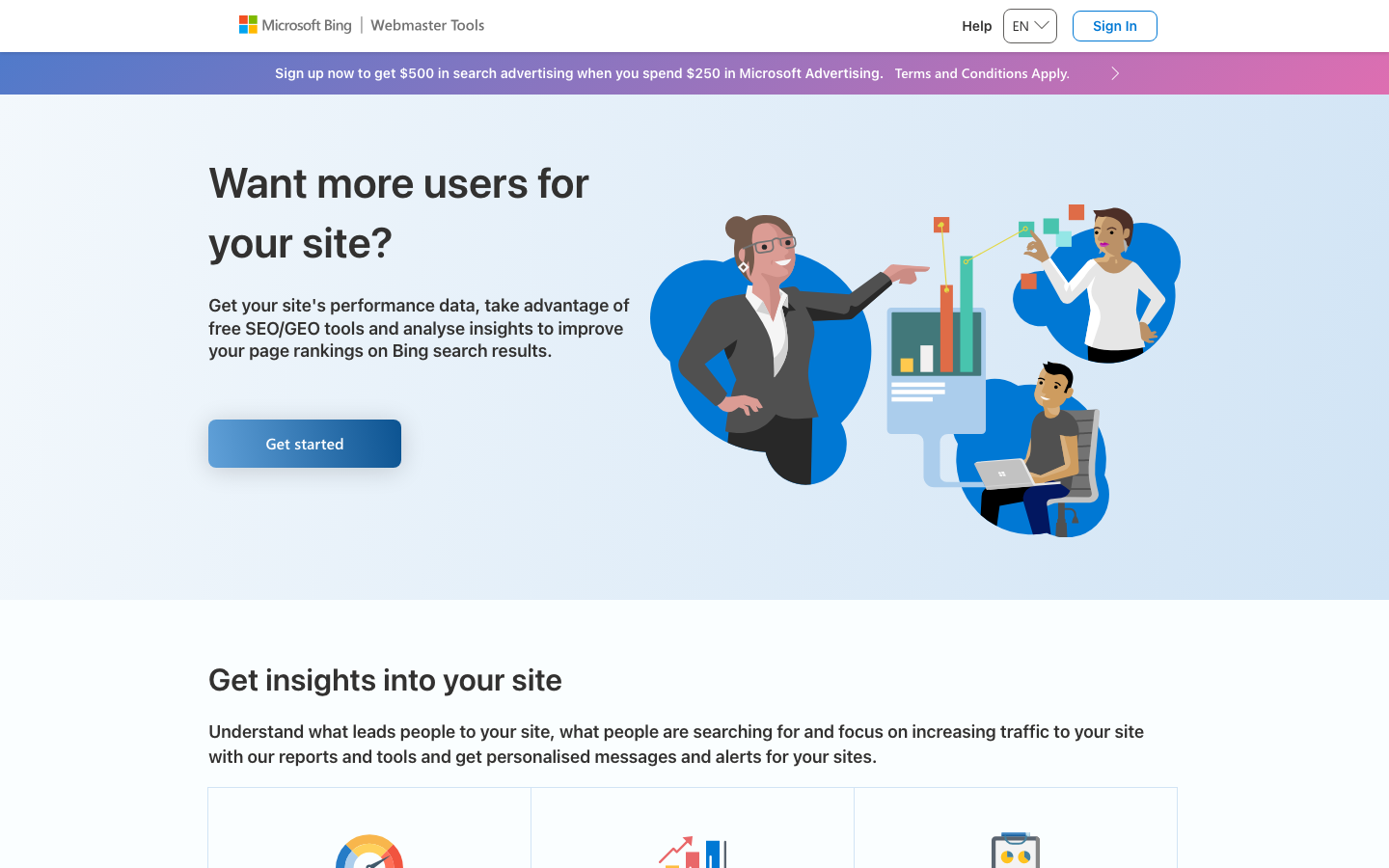 Startseite von Bing Webmaster Tools