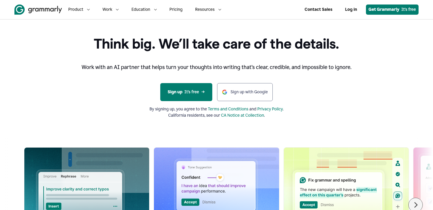 Grammarly homepage showing its AI writing assistant across apps