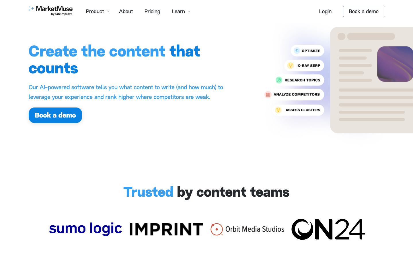 MarketMuse homepage showing its topic modeling and content planning platform