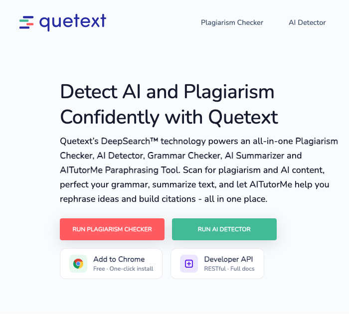 Quetext plagiarism and AI detection homepage
