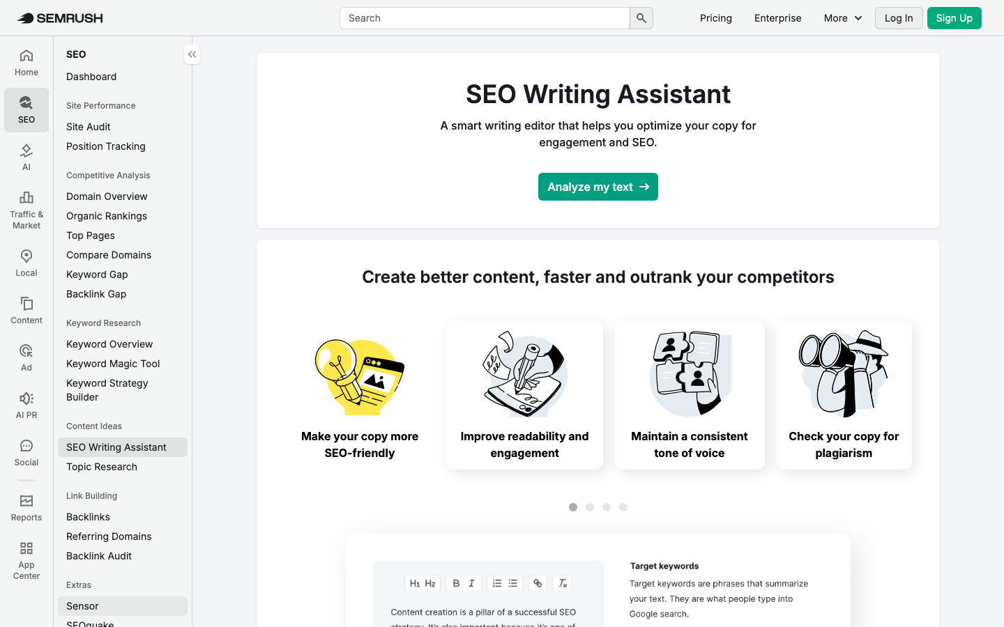 Semrush SEO Writing Assistant interface showing readability and SEO scoring inside the Semrush dashboard