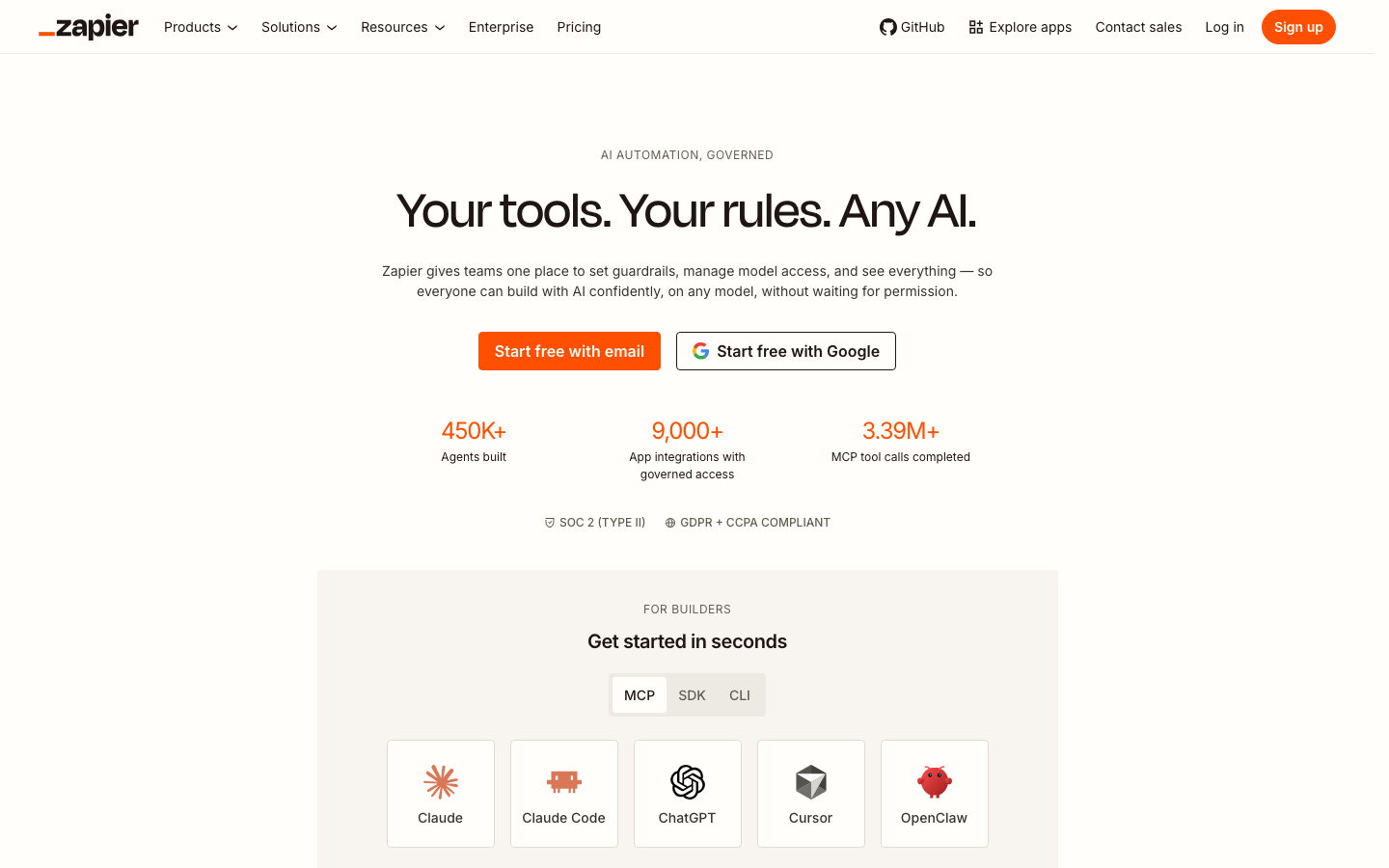 Zapier Startseite mit KI-Automatisierung und Integration von ChatGPT und Claude