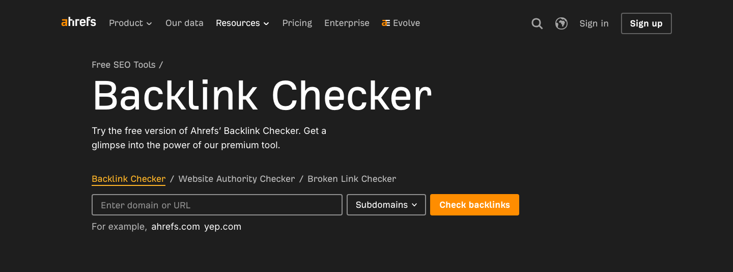 Screenshot eines kostenlosen Backlink-Checkers zur Prüfung von Domain-Metriken