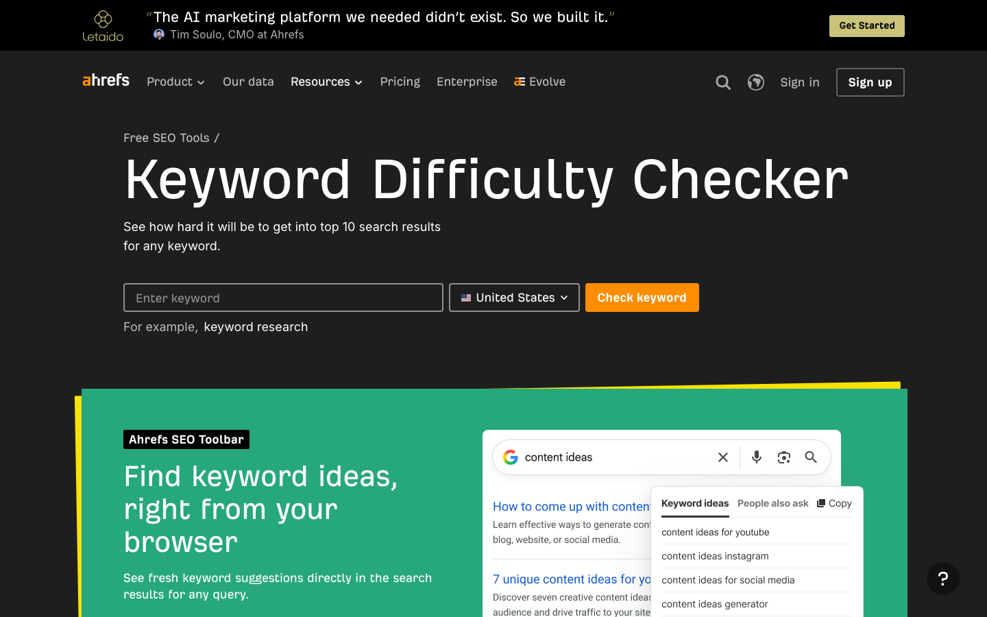 Screenshot des Ahrefs Keyword Difficulty Checkers mit Eingabefeld für ein Keyword
