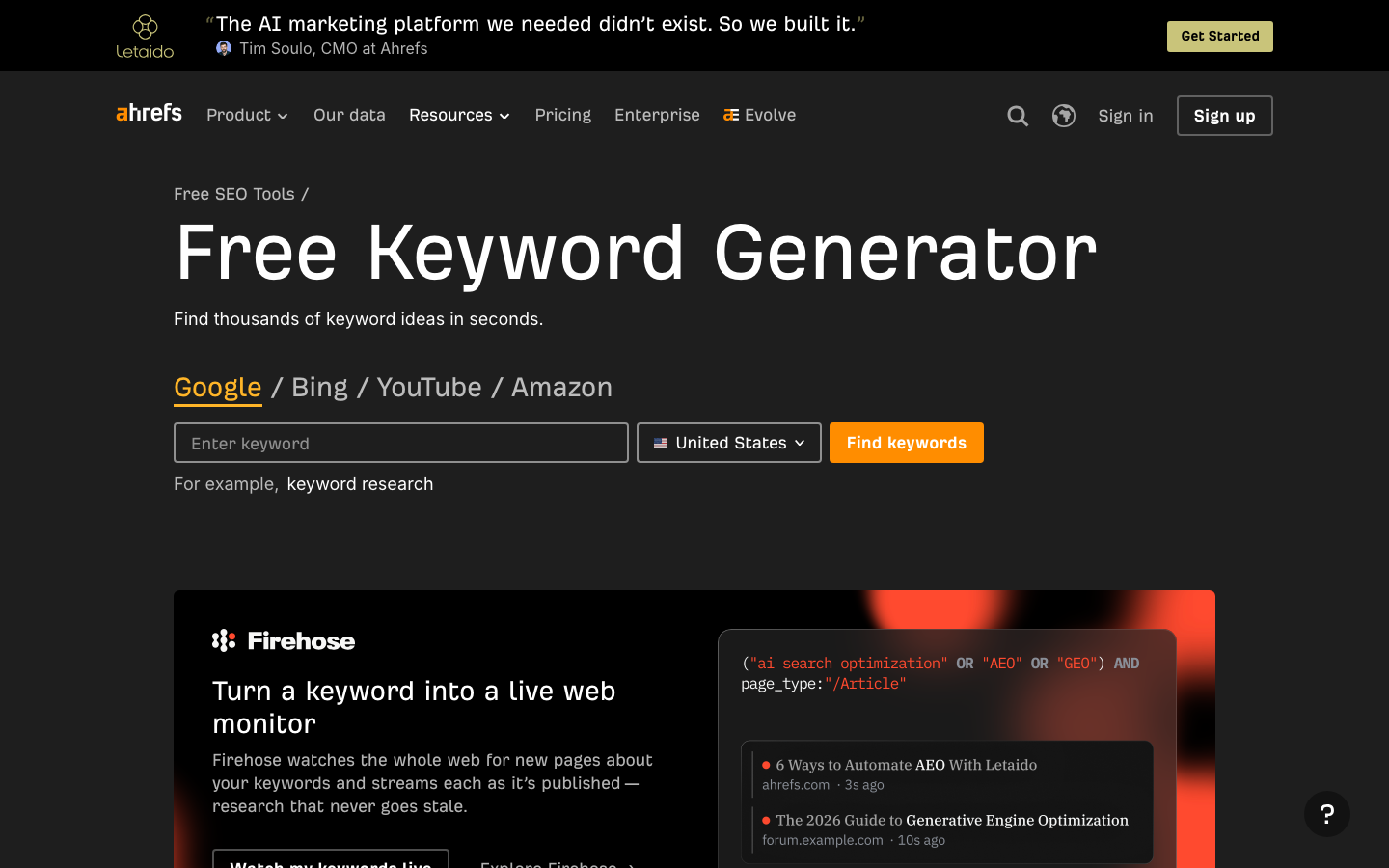 Screenshot des kostenlosen Ahrefs Keyword Generators zur Ermittlung von Suchvolumen
