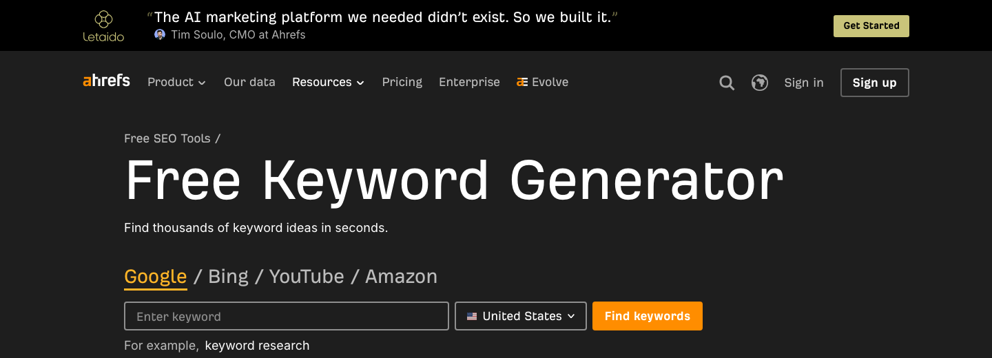 Ahrefs Keyword Generator zeigt Suchvolumen und verwandte Begriffe für die B2B-Keyword-Recherche