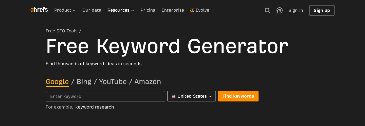 Oberfläche eines kostenlosen Keyword-Recherche-Tools als Ausgangspunkt für Keyword Clustering