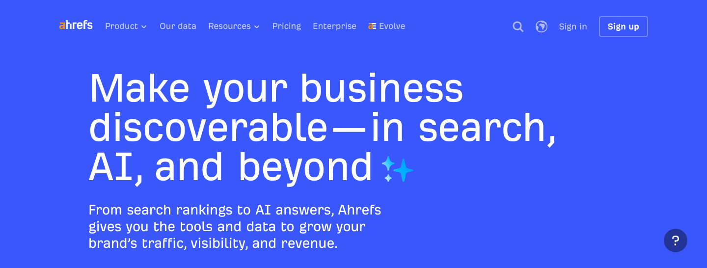 Ahrefs homepage and navigation showing Site Explorer, Rank Tracker and core SEO tools
