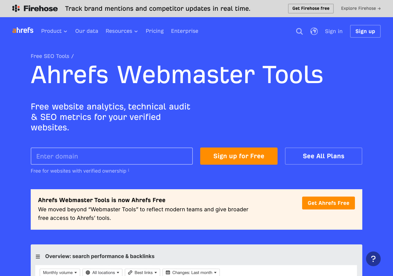 Ahrefs Free, formerly Ahrefs Webmaster Tools, free site audit and site explorer dashboard