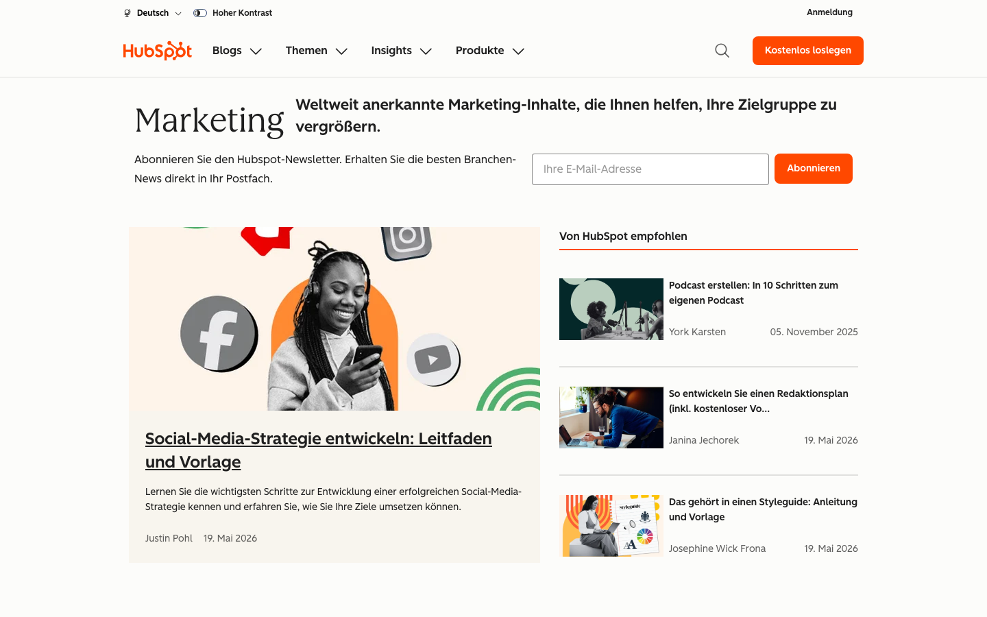 Screenshot des HubSpot Marketing-Blogs als Praxisbeispiel für Content-Marketing