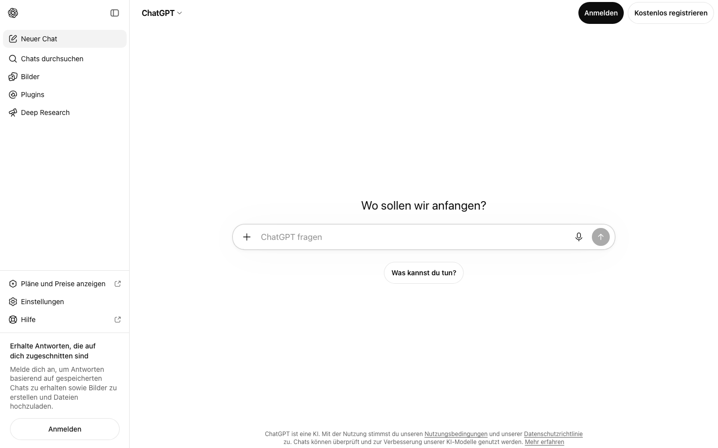 Startseite von ChatGPT, dem KI-Text-Generator von OpenAI