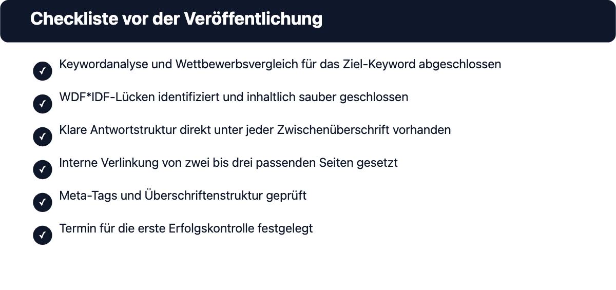 Checkliste mit sechs Punkten zur Content-Optimierung vor der Veröffentlichung einer überarbeiteten Seite