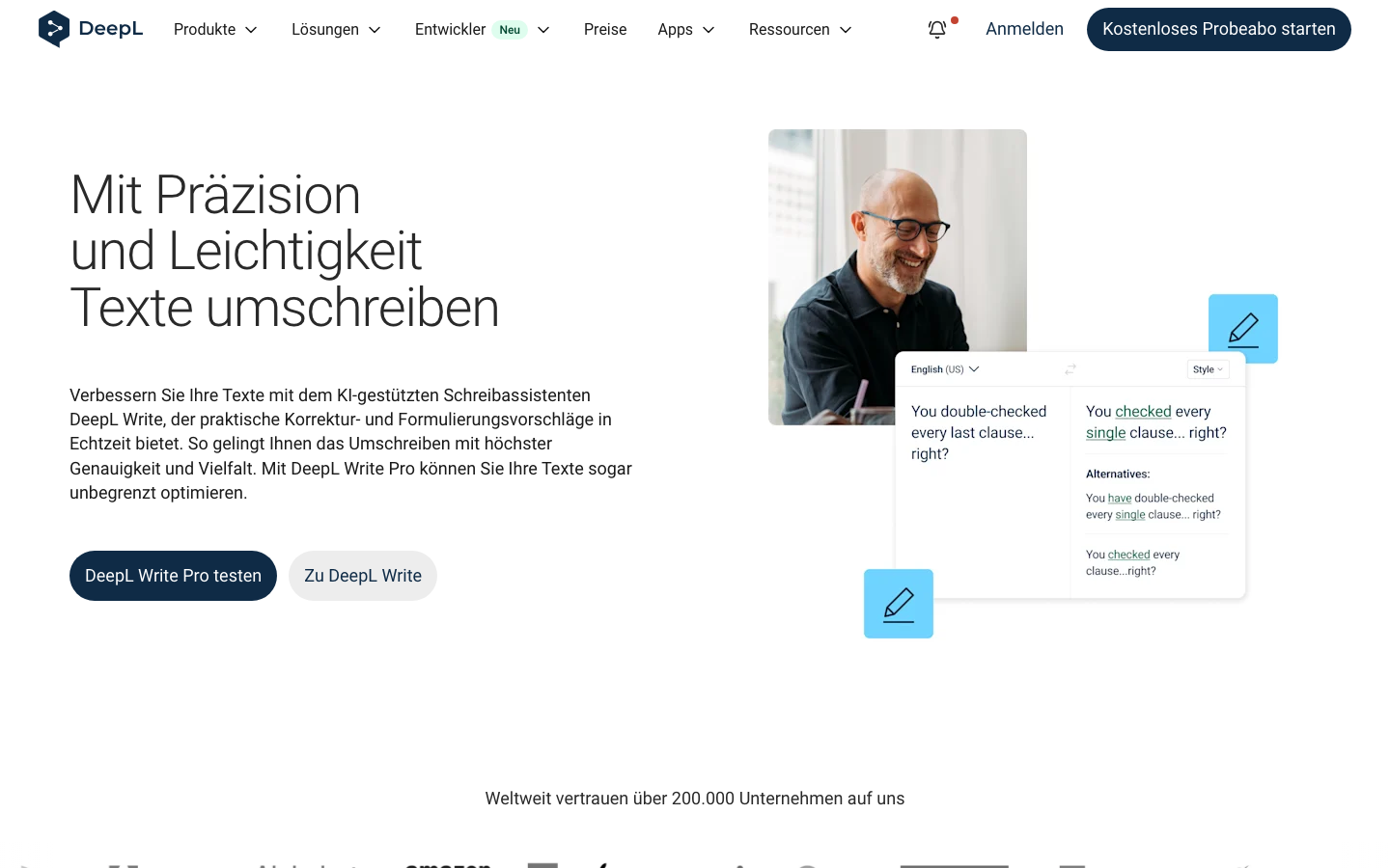 Screenshot von DeepL Write mit den Verbesserungsbereichen