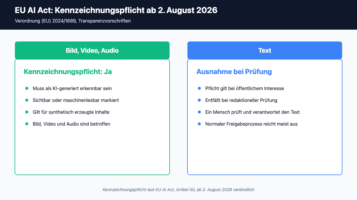 Infografik zur EU AI Act Kennzeichnungspflicht: Bild, Video und Audio benötigen ab 2. August 2026 eine Kennzeichnung, bei Text entfällt sie nach redaktioneller Prüfung