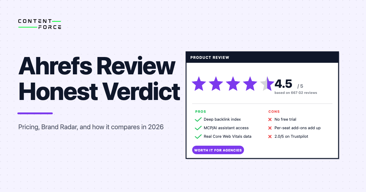 Ahrefs review 2026 featured image with 4.5 out of 5 rating summary