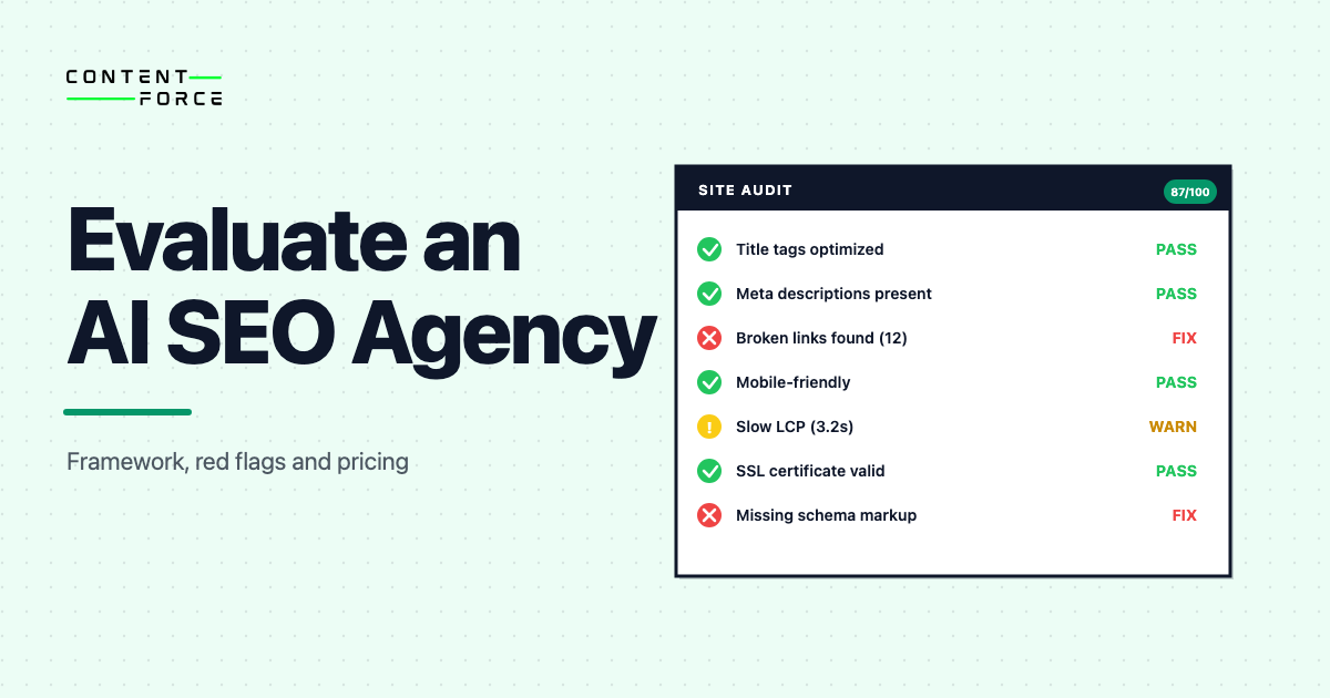 Featured image: how to evaluate an AI SEO agency before you sign, audit-checklist style graphic