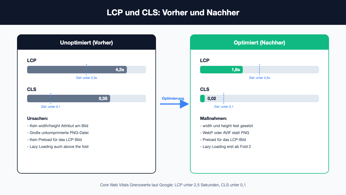 Vergleich Vorher Nachher: LCP und CLS Werte bei unoptimierten und optimierten Bildern