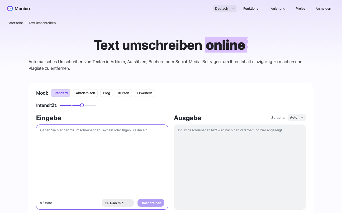 Screenshot der Monica Umschreib-Modi