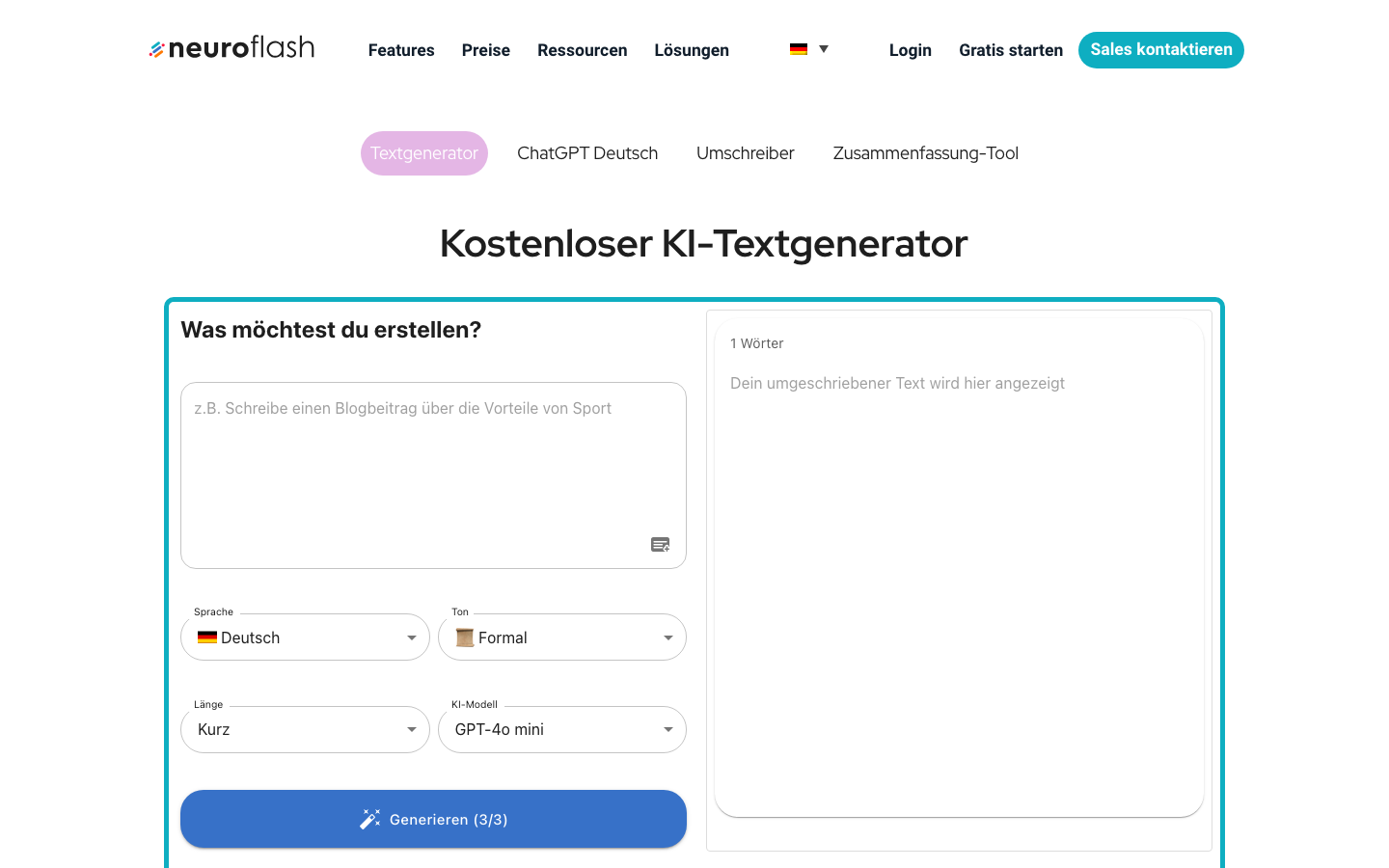 Oberfläche des kostenlosen KI-Text-Generators von neuroflash