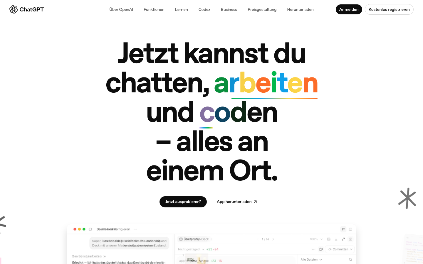Deutschsprachige Startseite von ChatGPT auf openai.com mit dem Slogan Jetzt kannst du chatten, arbeiten und coden, alles an einem Ort