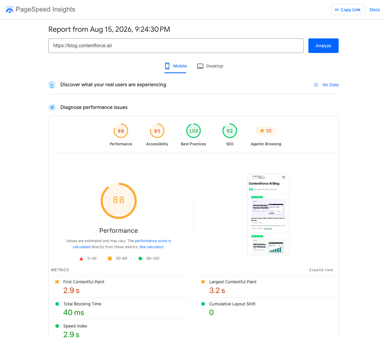 Live Google PageSpeed Insights report for blog.contentforce.ai showing a Performance score of 88, Accessibility 85, Best Practices 100, SEO 92, and Core Web Vitals metrics including a 3.2 second Largest Contentful Paint