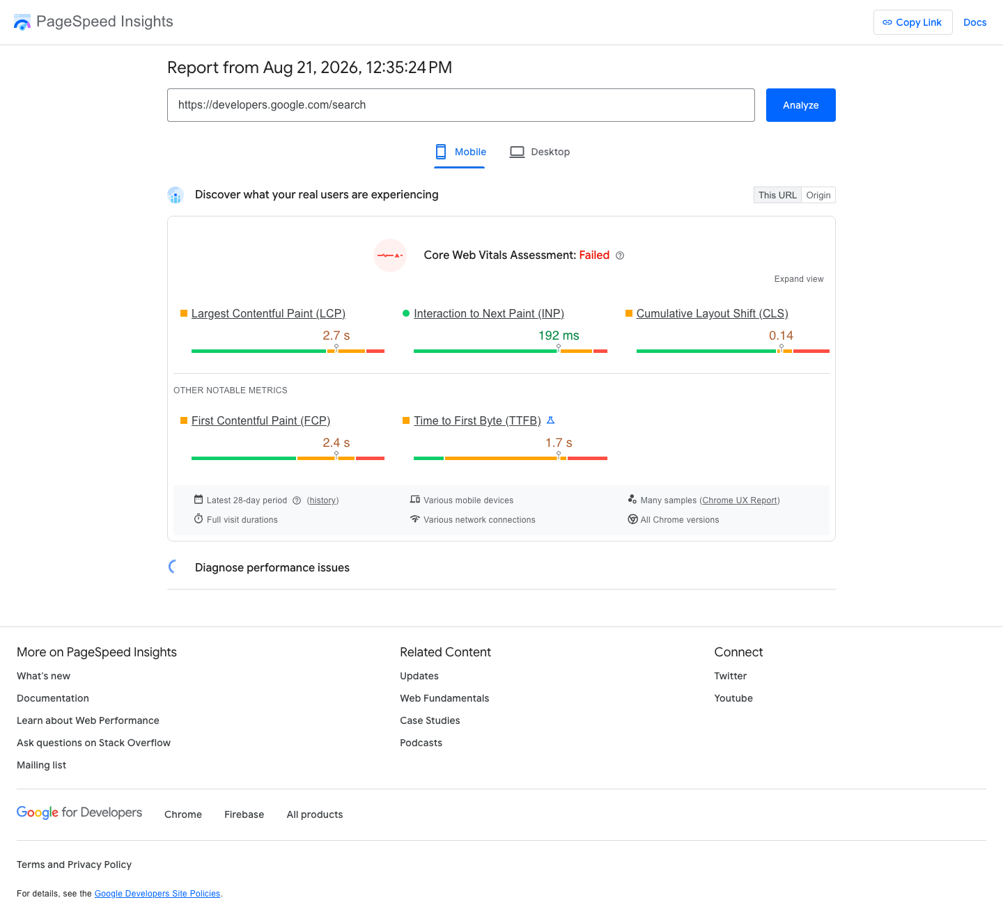 Google PageSpeed Insights Bericht mit Core Web Vitals Bewertung: LCP 2,7 Sekunden, INP 192 Millisekunden, CLS 0,14