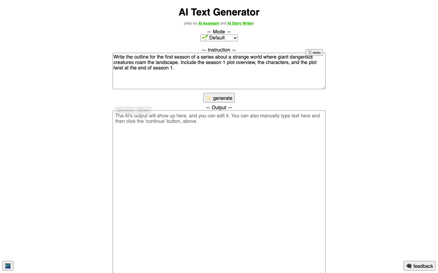 Oberfläche des kostenlosen KI-Text-Generators von Perchance