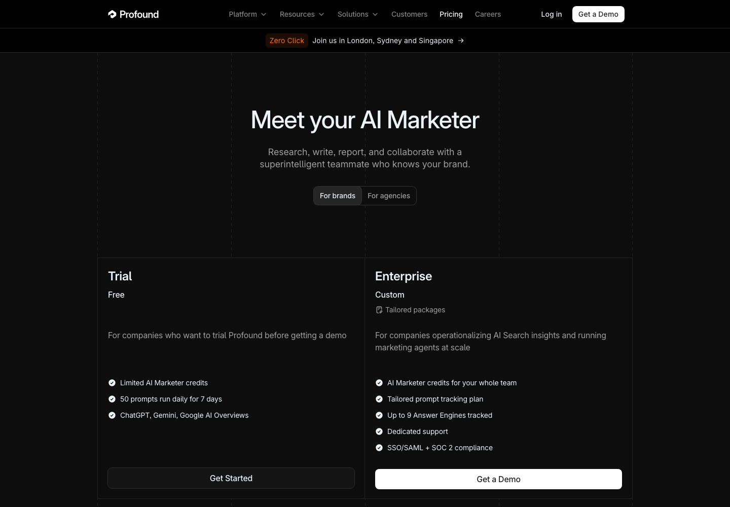 Profound pricing page showing the free 7-day Trial and custom Enterprise plan